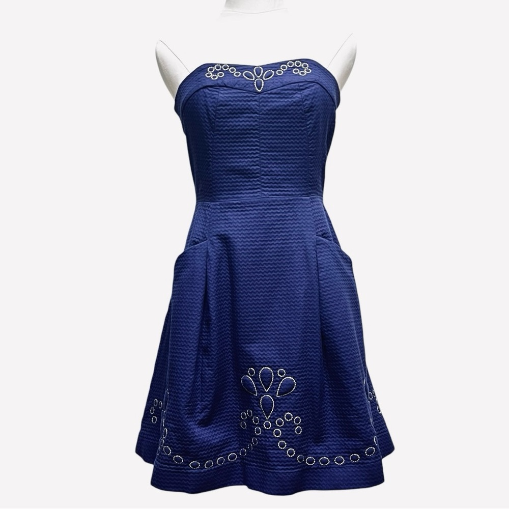 Lilly Pulitzer Bernadette Navy Blue Strapless Fit and Flare Dress Sz 2